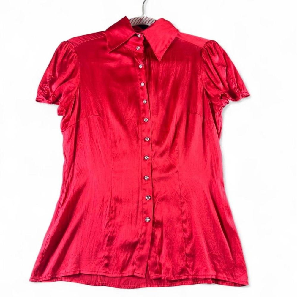 Y2K Red Bebe Washed Silk Button Up Blouse